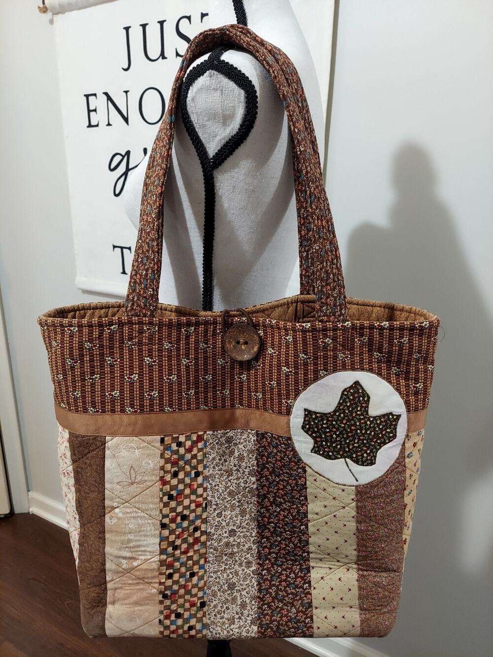 Handmade Quilted Patchwork Tote Bag Fall Leaf 2011 Structured Bottom Cottagecore
